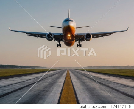Passenger plane takes off on the runway. Passenger plane takes off on the runway. 124157166