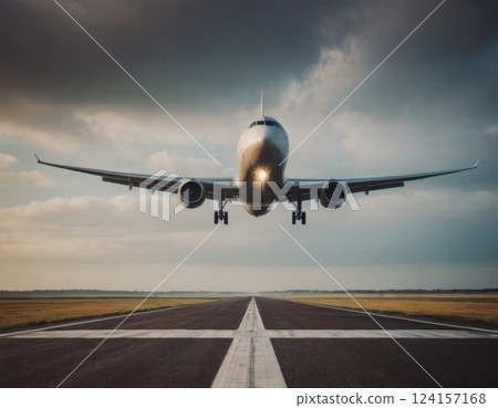 Passenger plane takes off on the runway. 124157168
