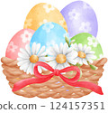 Cute Easter Eggs in a Wicker basket, watercolor illustration 124157351