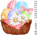 Cute Easter Eggs in a Wicker basket, watercolor illustration 124157352