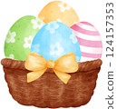 Cute Easter Eggs in a Wicker basket, watercolor illustration 124157353