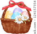 Cute Easter Eggs in a Wicker basket, watercolor illustration 124157354
