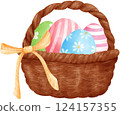 Cute Easter Eggs in a Wicker basket, watercolor illustration 124157355