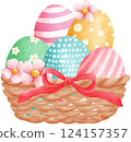 Cute Easter Eggs in a Wicker basket, watercolor illustration 124157357