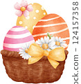 Cute Easter Eggs in a Wicker basket, watercolor illustration 124157358