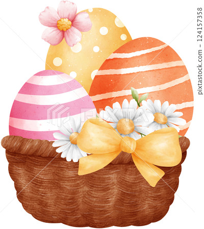 Cute Easter Eggs in a Wicker basket, watercolor illustration Cute Easter Eggs in a Wicker basket, watercolor illustration 124157358