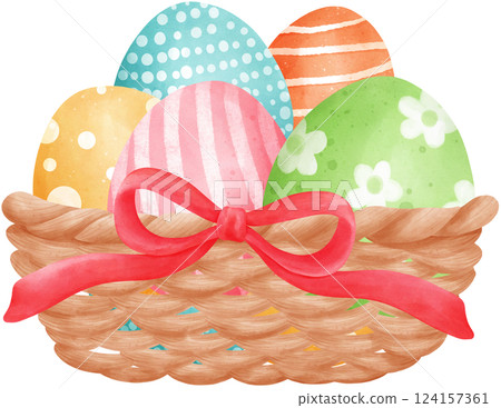 Cute Easter Eggs in a Wicker basket, watercolor illustration Cute Easter Eggs in a Wicker basket, watercolor illustration 124157361