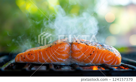 Delicious grilled salmon steak cooking on barbecue with smoke and flames. concept of outdoor bbq, gourmet cooking, fresh seafood, culinary delight, salmon fish. 124157370