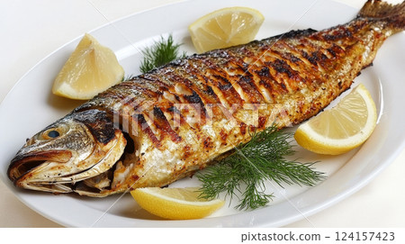 Delicious golden grilled fish served on white plate with lemon wedges and dill. concept of seafood dining, culinary art, fresh ingredients, gourmet cooking. 124157423