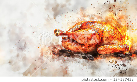 Delicious grilled chicken watercolor illustration showcasing perfectly cooked meat with vibrant colors. concept of culinary art, barbecue, gourmet cooking, food presentation. 124157432