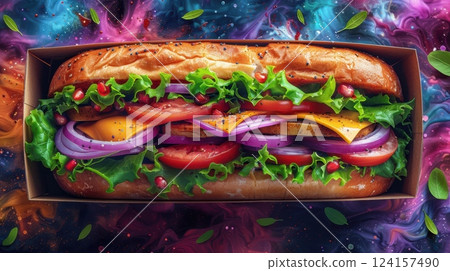 Ai generated colorful submarine sandwich filled with savory ingredients, resting on starry background, highlighting culinary creativity and visual appeal 124157490
