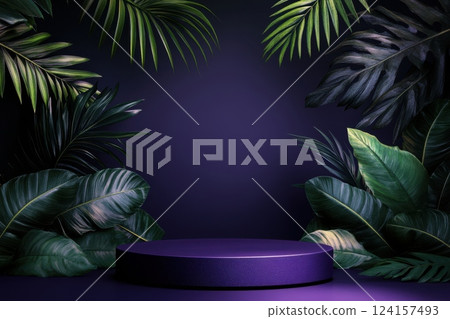 Ai generated a purple podium stands amidst lush tropical leaves, creating an exotic and luxurious backdrop for product presentation Ai generated a purple podium stands amidst lush tropical leaves, creating an exotic and luxurious backdrop for product presentation 124157493