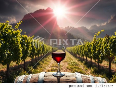 red wine glass and bottle on wodden barrel 124157526