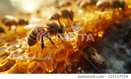 Ai generated honeybee gathering nectar from honeycomb 124157559