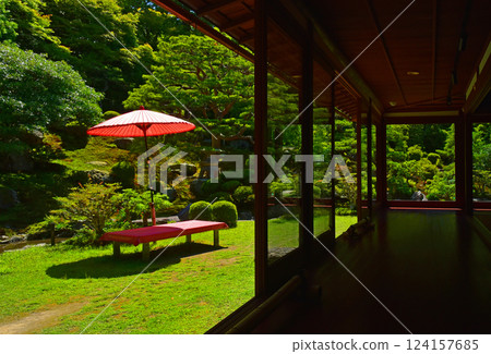 Vermilion umbrellas and fresh greenery reflected at Kyu-Chikurin-in Temple Vermilion umbrellas and fresh greenery reflected at Kyu-Chikurin-in Temple 124157685