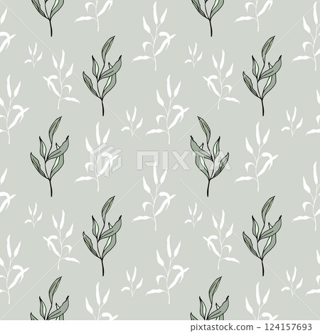 Floral greenery hand drawn seamless pattern with small line art leaves Perfect for background, textile, or wrapping paper A delicate, repeating pattern Minimalist and elegant aesthetic Floral greenery hand drawn seamless pattern with small line art leaves Perfect for background, textile, or wrapping paper A delicate, repeating pattern Minimalist and elegant aesthetic 124157693