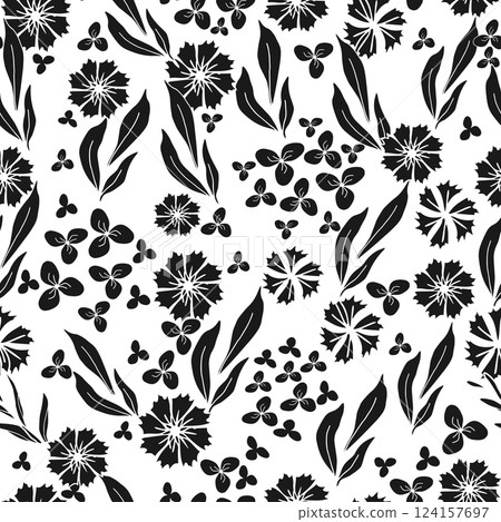 Floral silhouette seamless pattern with little spring flower. Simple design for textile design, scrapbook, wallpaper, hand drawn elements. Black and white background Floral silhouette seamless pattern with little spring flower. Simple design for textile design, scrapbook, wallpaper, hand drawn elements. Black and white background 124157697