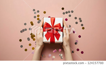 Top view of female hands holding gift for birthday 124157780