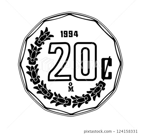 Reverse coin, Mexico 20 Centavos. The coin is depicted in black and white. Vector illustration. 124158331