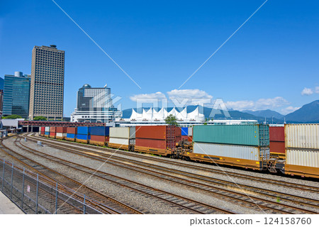 Container double cargo train going via downtown of Vancouver 124158760