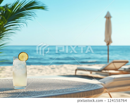Image of a resort beach and a long red cocktail 124158764