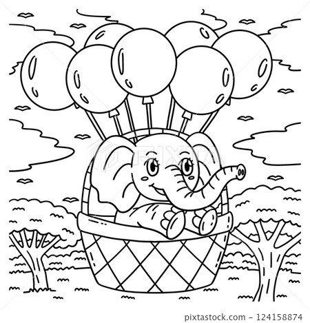 Baby Elephant on Basket Balloons Coloring Page  124158874