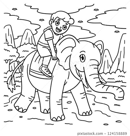 Boy and Elephant Coloring Page for Kids 124158889