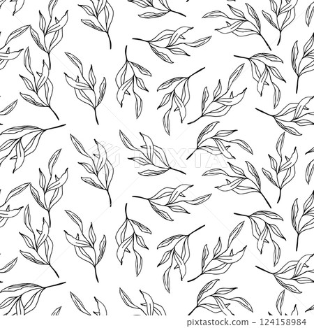 Floral greenery hand drawn seamless pattern with small line art leaves Perfect for background, textile, or wrapping paper A delicate, repeating pattern Minimalist and elegant aesthetic 124158984