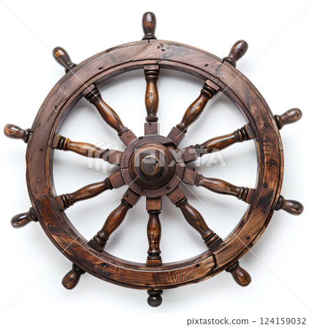 Isolated Vintage Wooden And Brass Ship's Steering Wheel 124159032
