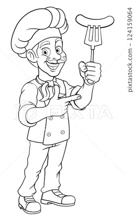 Chef Cook Cartoon Man Sausage Hot Dog Pointing 124159064