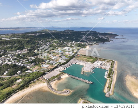 Aerial shot of a fishing port in southern Okinawa taken with a drone 124159115