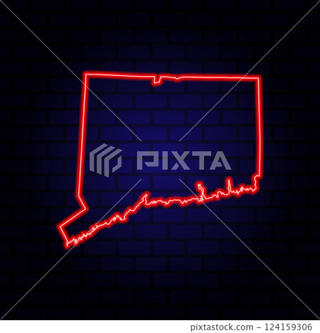 Neon map State of Connecticut on brick wall background. 124159306