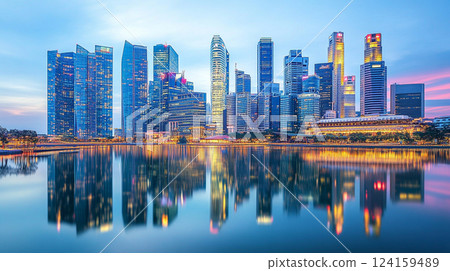 新加坡的夜景和摩天大樓的美麗水面倒影 124159489