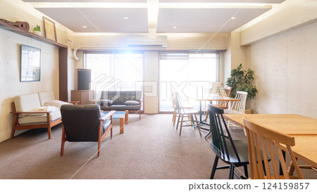 Interior image of the cafe space with bright light pouring in Interior image of the cafe space with bright light pouring in 124159857