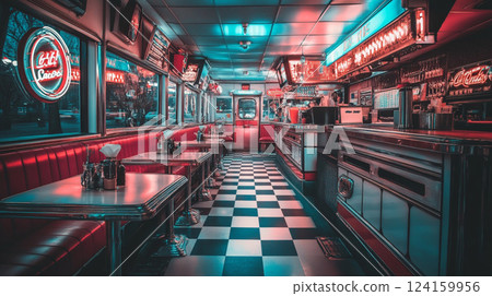 Retro American diner interior with neon lights Retro American diner interior with neon lights 124159956