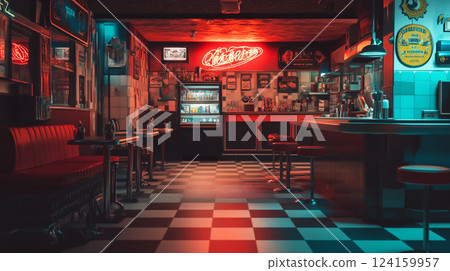 Retro American diner interior with neon lights Retro American diner interior with neon lights 124159957