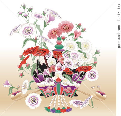 Vector Illustration of a Korean Bridal Crown Decorated with Dianthus Flowers Traditional Korean Wedding Culture  124160134
