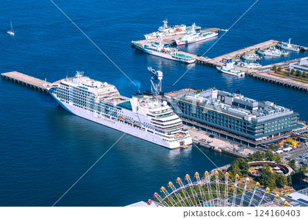 Yokohama cityscape in Japan. First arrival at port. View of Seabourn Encore at Shinko Pier passenger ship terminal. (20th) 124160403