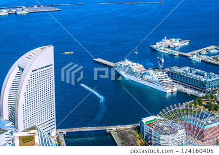 Yokohama cityscape in Japan. First arrival at port. View of Seabourn Encore at Shinko Pier passenger ship terminal. (20th) Yokohama cityscape in Japan. First arrival at port. View of Seabourn Encore at Shinko Pier passenger ship terminal. (20th) 124160405