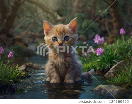 Cat and spring stream Cat and spring stream 124160433