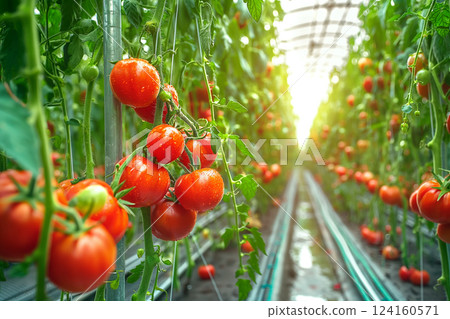 A row of tomato plants with ripe red tomatoes hanging from the vines 124160571