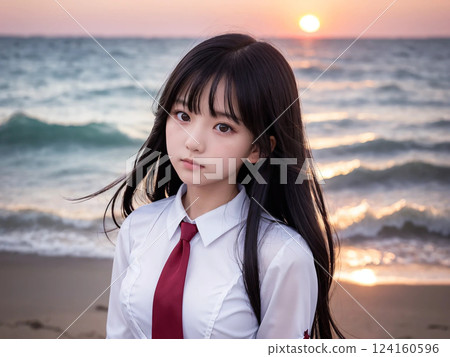 日落時站在海裡的高中女生 124160596