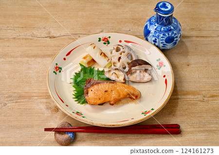 Yellowtail teriyaki, teriyaki, grilled fish. Fish dishes, Japanese food, seafood dishes. 124161273