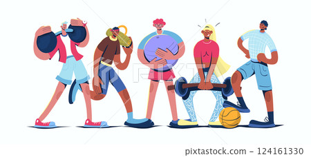 Fitness concept in cartoon web design. People training with barbells, exercising with fit ball, playing basketball game, doing workout at gym. Flat vector illustration isolated on white background. Fitness concept in cartoon web design. People training with barbells, exercising with fit ball, playing basketball game, doing workout at gym. Flat vector illustration isolated on white background. 124161330