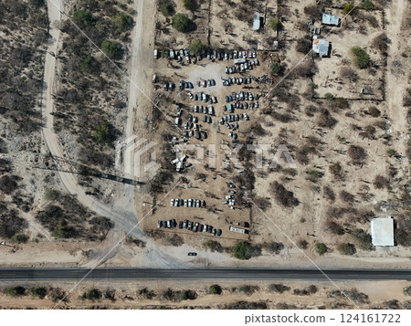junkyard in Baja California Sur desert mexico aerial junkyard in Baja California Sur desert mexico aerial 124161722