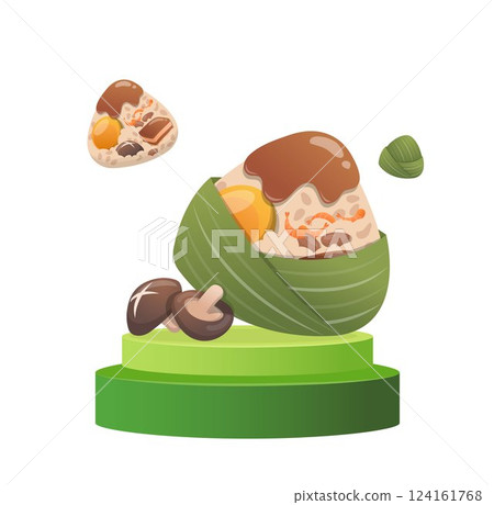 粽子特寫與綠色的平台或講台,端午節的商業銷售廣告 粽子特寫與綠色的平台或講台,端午節的商業銷售廣告 124161768