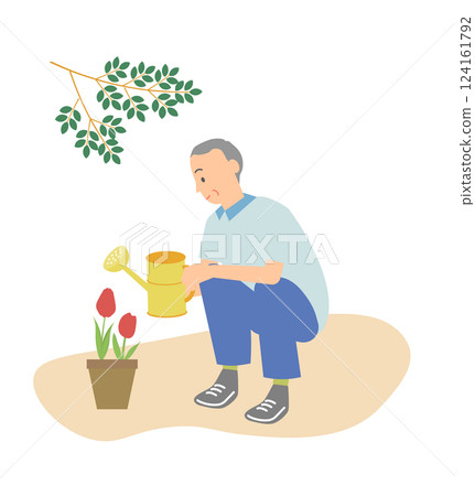 一位膝蓋良好、每天都很享受(園藝)的活躍老人的插圖 一位膝蓋良好、每天都很享受(園藝)的活躍老人的插圖 124161792