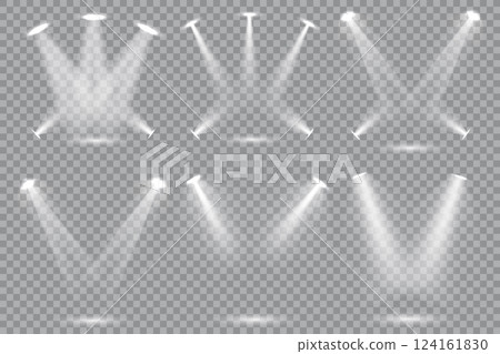 Collection of bright white stage lighting spotlights Collection of bright white stage lighting spotlights 124161830