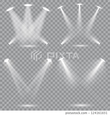 Collection of bright white stage lighting spotlights 124161831