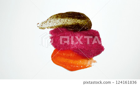 Fruit and berry body scrub texture of swatch. Set smears of body scrub. Cosmetic smear 124161836
